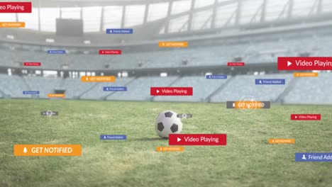 animación de iconos de las redes sociales en pancartas sobre el fútbol en el campo