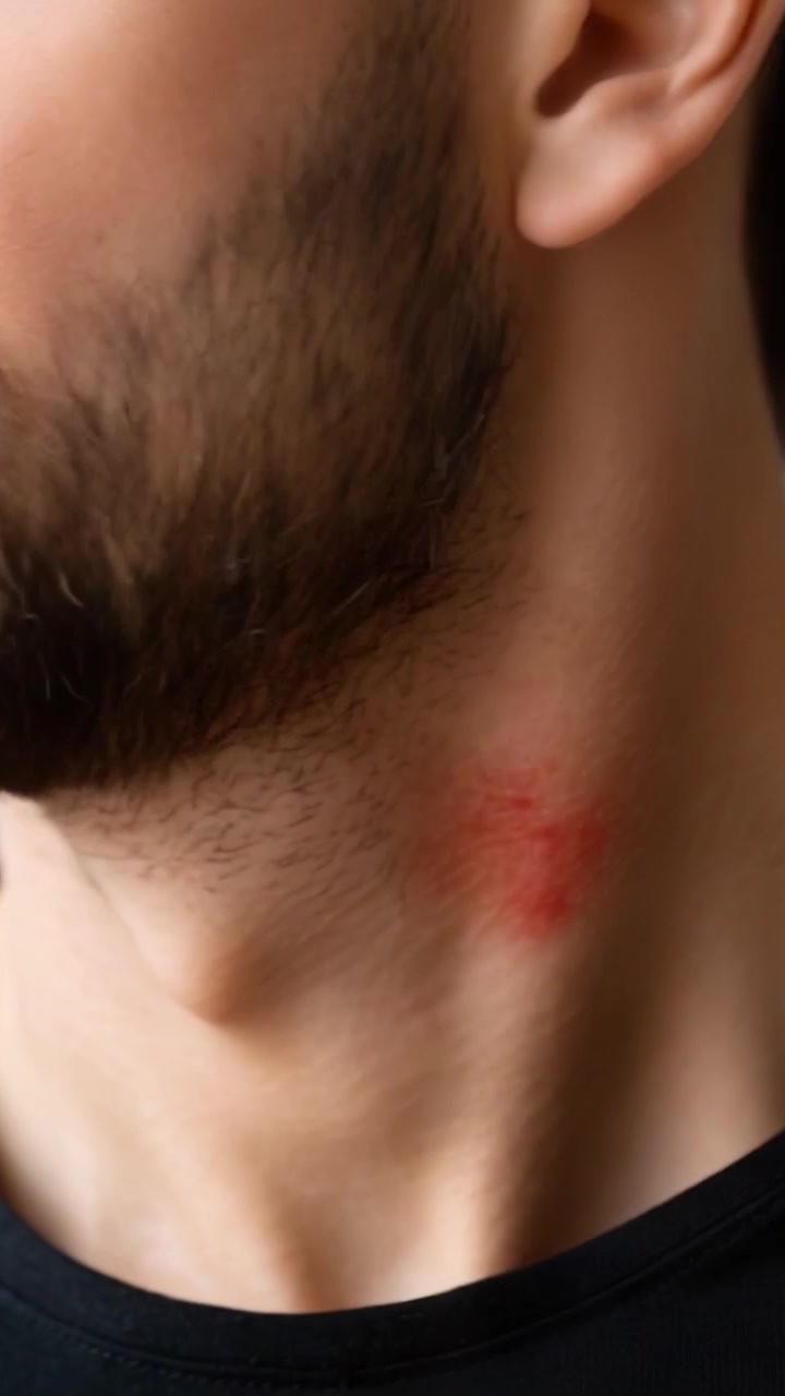 Primo piano del collo di un uomo che mostra un segno evidente che si sviluppa nel tempo, illustrando il cambiamento nell'aspetto dal rossore iniziale a una discromia più pronunciata.