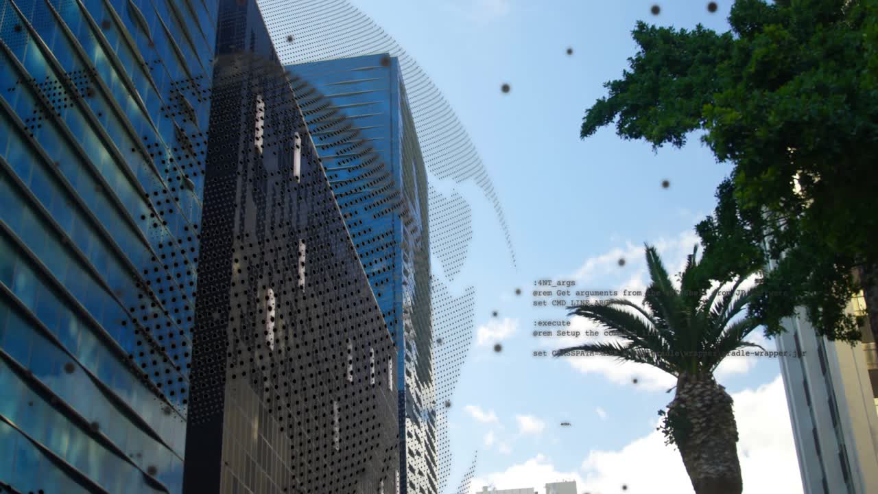No segundo quadro, globo digital materializando-se em cânion urbano, girando e fragmentando dados.