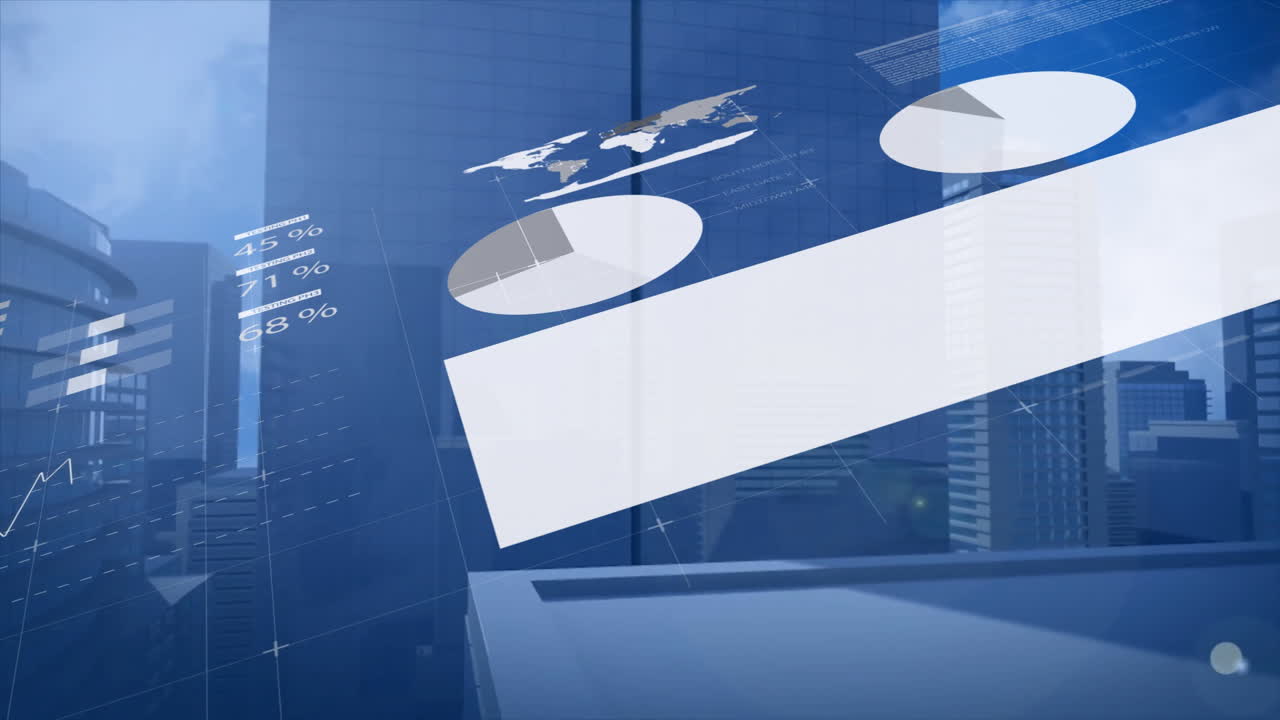 Cityscape background with animation of abstract financial data and pie charts
