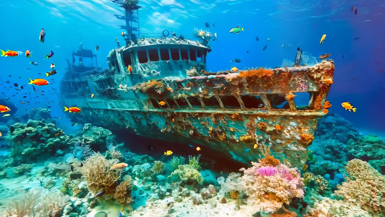 물고기로 둘러싸인 산호초 한가운데에 침몰한 배