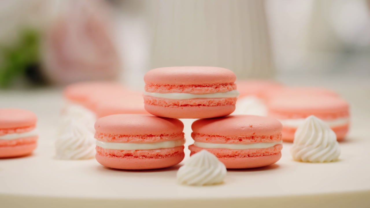 Pink Macarons On Cake Stand Delicate French Dessert With Meringue Kisses Soft Bokeh Pastel Rose Backdrop