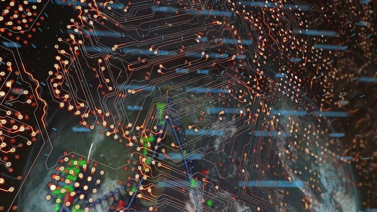 Animation of computer circuit board over graph and globe on black background