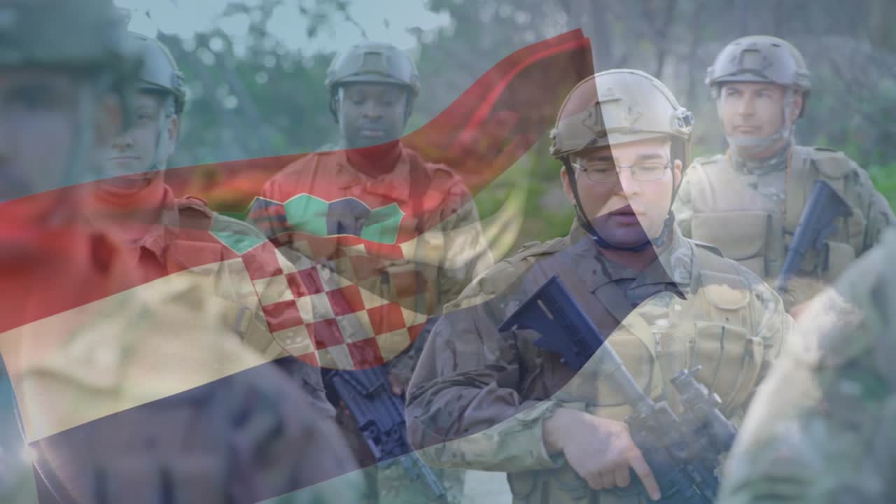 Flag overlay appearing, drifting across soldiers walking road on military patrol, adjusting rifles