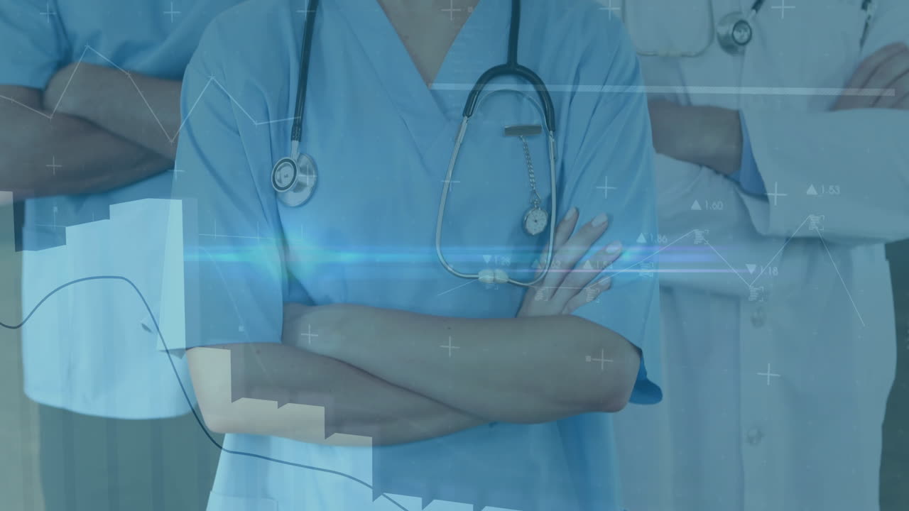 In hospital, healthcare professionals in scrubs reviewing animation of medical data graphics