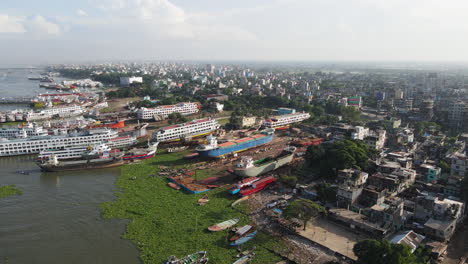 shipyard at the seacoast and a distant view of the city landscape