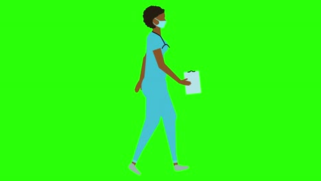 mujeres médico caminando ciclo bucle sin costuras, versión de máscara facial, pantalla verde croma animación clave, diseño plano