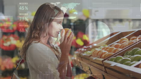 animation of financial data processing over caucasian woman shopping in grocery store