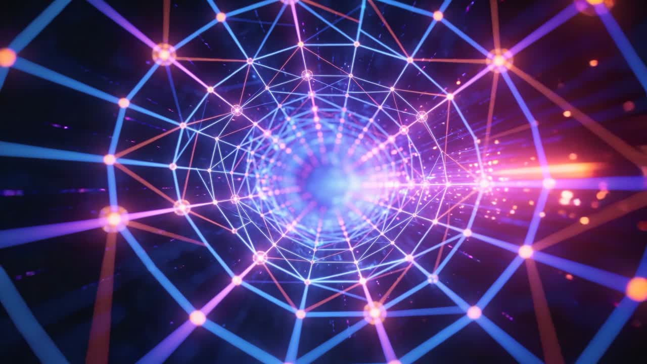 Telecamera che avanza attraverso un tunnel a griglia esagonale verso un globo luminoso nel vuoto oscuro, con un raggio a destra che scintilla.
