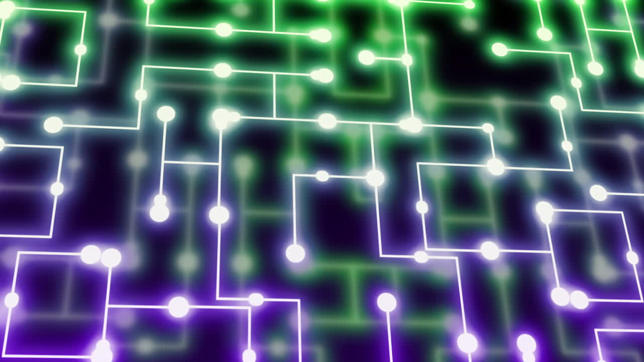animación de puntos de neón que se mueven sobre una red de conexiones