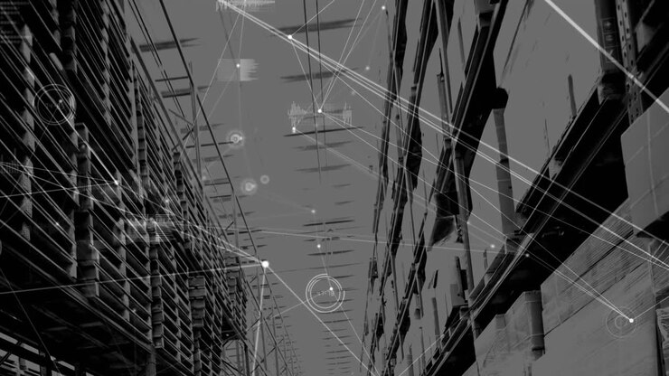 Animation of network of connections over shelves in warehouse