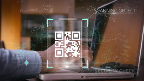 animation of qr code with mathematical equation over person using laptop