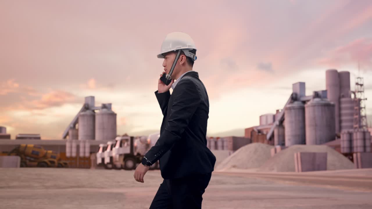 Vista lateral de empresario asiático hablando por smartphone mientras camina en una planta de cemento industrial al atardecer.