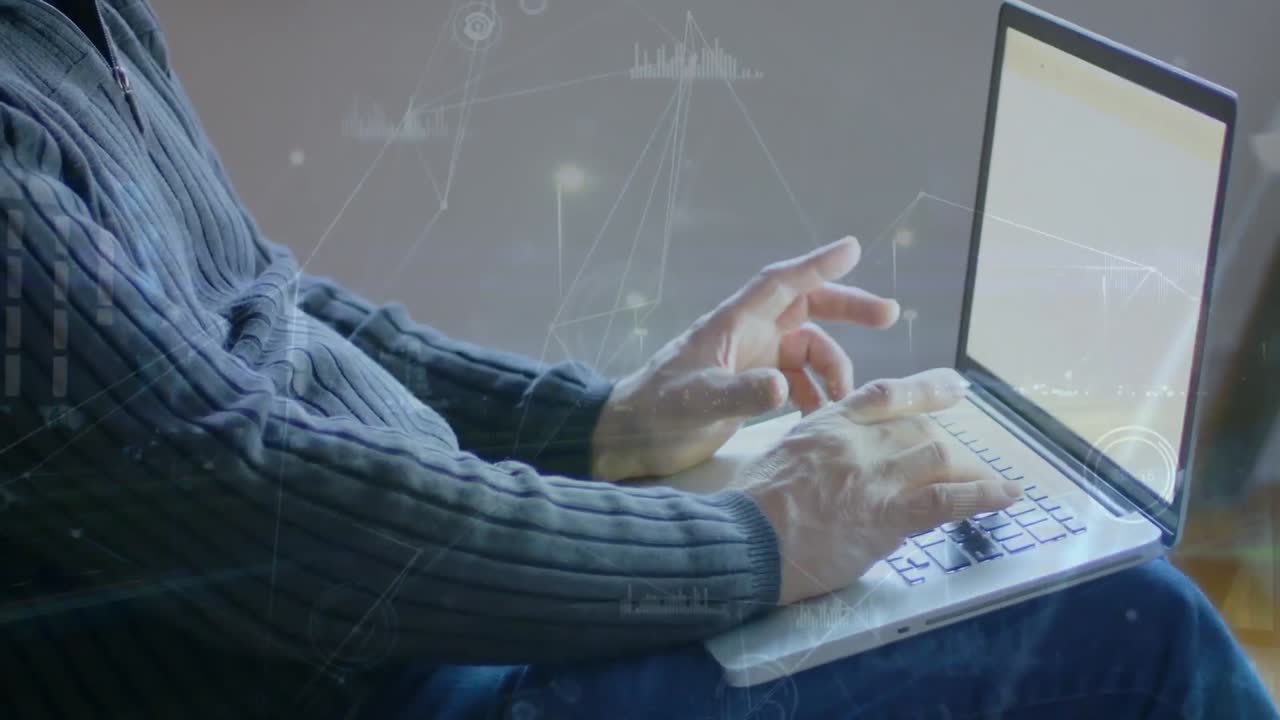 Animation of connections over hands of caucasian man using laptop with copy space