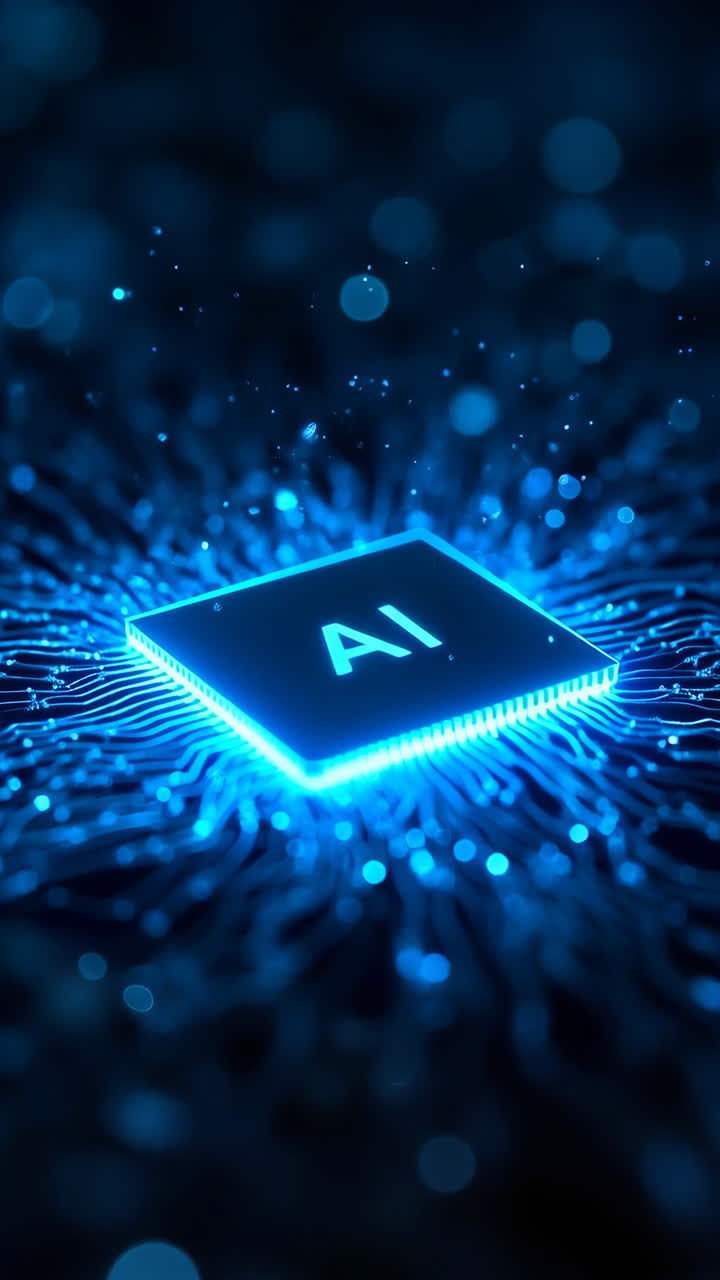 AI Microchip on a Circuit Board with Glowing Blue Light