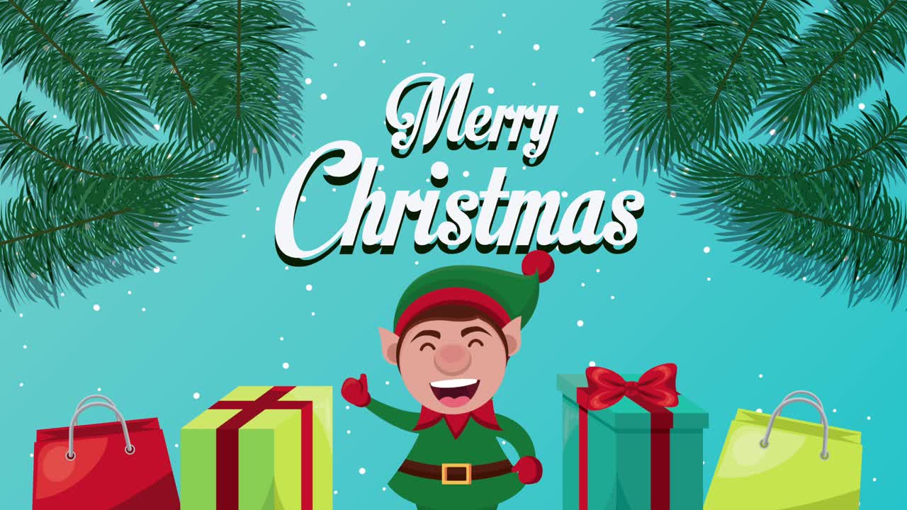 엘프와 선물과 함께 메리 크리스마스 글자 카드