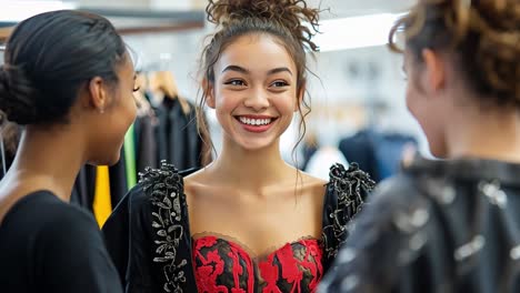 a woman smiles at a dress she is trying on