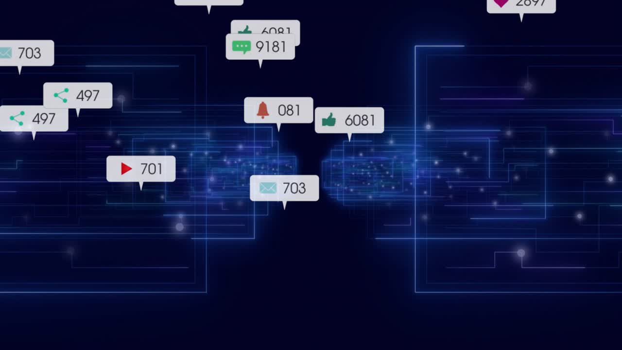 Paired blue clusters emitting bubbles from below with icons and counts, drifting, showing data flow