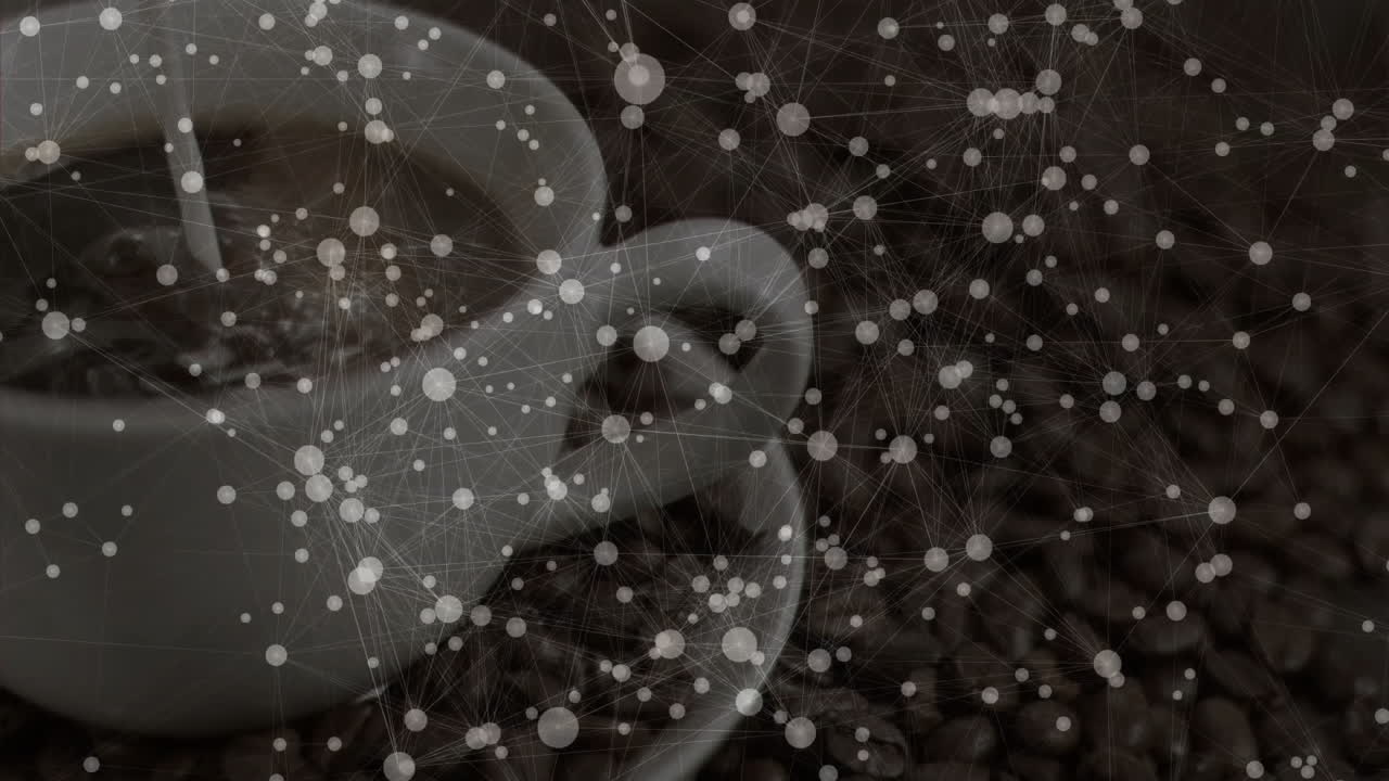 White ceramic coffee cup showing steaming coffee over dark beans, network graph overlay animating