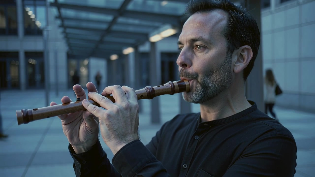 Raising wooden flute, musician playing then lowering flute under canopy in plaza for passersby