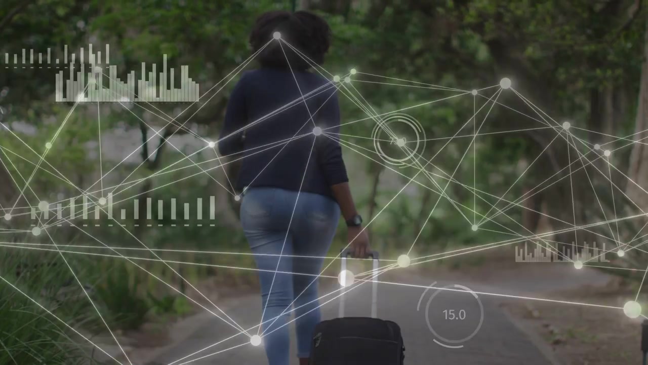 Adult woman walking park path pulling suitcase heading causing tech network mesh and charts growing