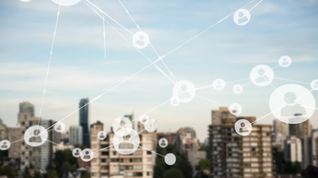 animación de la red de conexiones con las personas iconos sobre el paisaje urbano