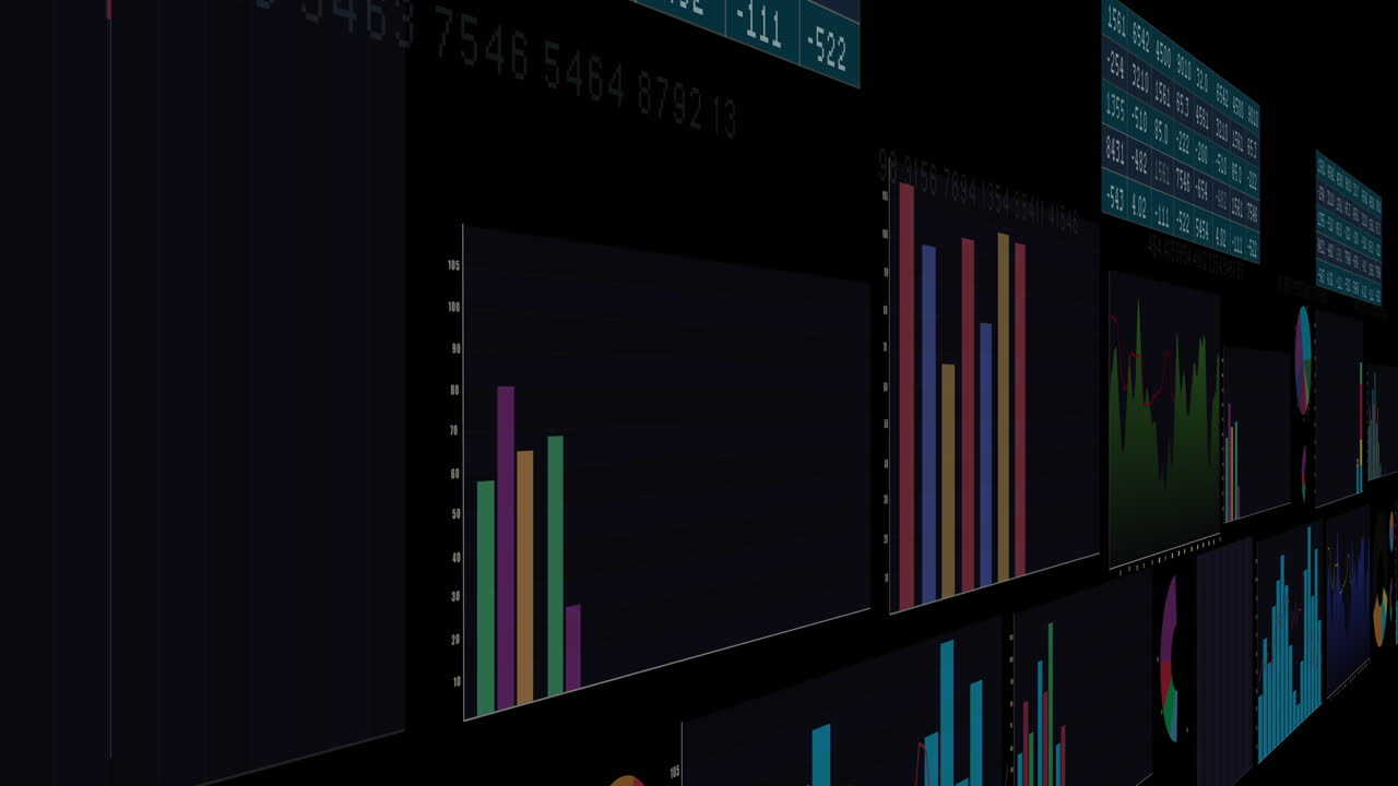 Animation of financial data processing on black background