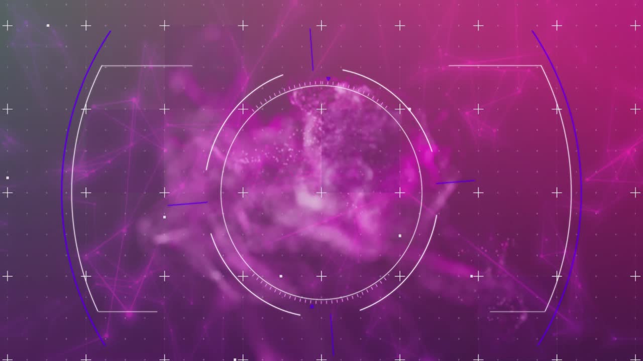 Animation of scope scanning over digital wave and network of connections against purple background