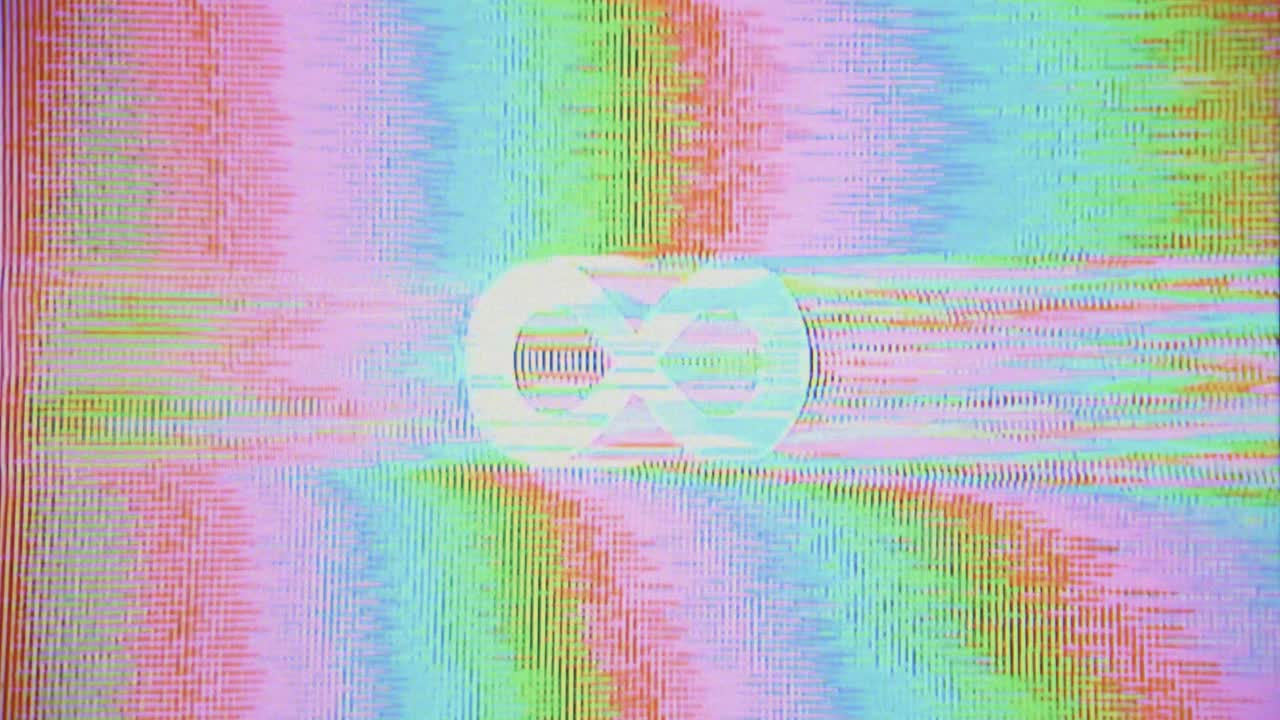 símbolo del infinito retro glitch, signo del infinito, distorsión cromática de luma infinity 8, visual, 90s 80s televisión glitching, mala señal, grabadora, líneas de escaneo, patrón de grano vaporwave, vintage