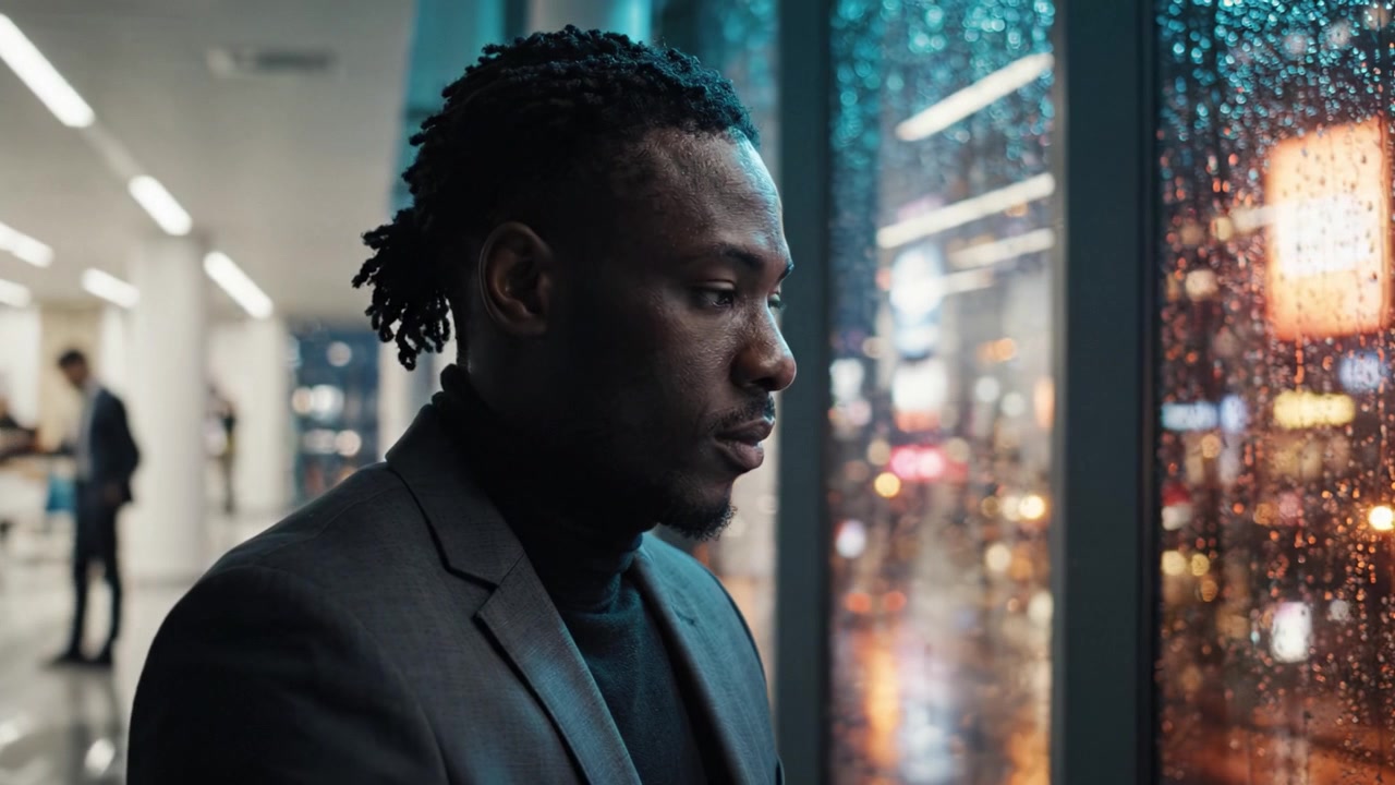 Contemplation and Reflection: A Close-Up Portrait of a Man Gazing Out the Window During a Rainy Evening, Capturing Emotions and City Lights in the Background