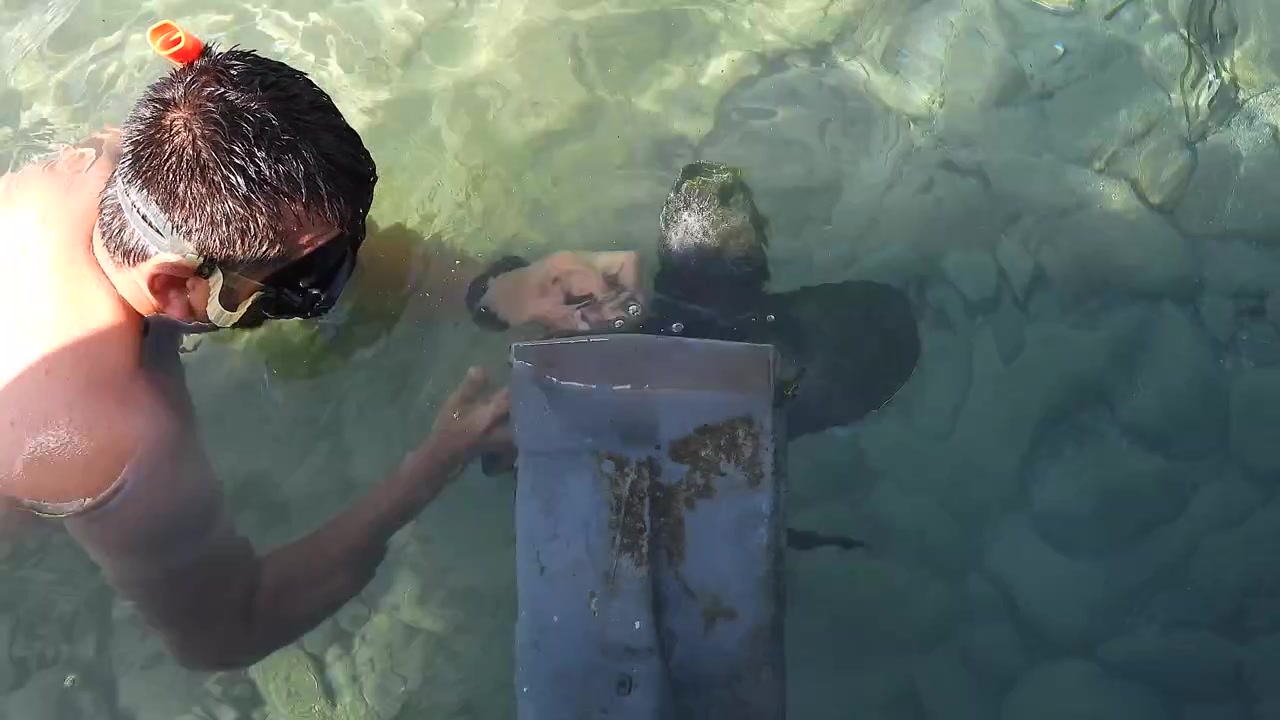 Snorkelista che pulisce l'elica di una barca in acqua limpida e poco profonda