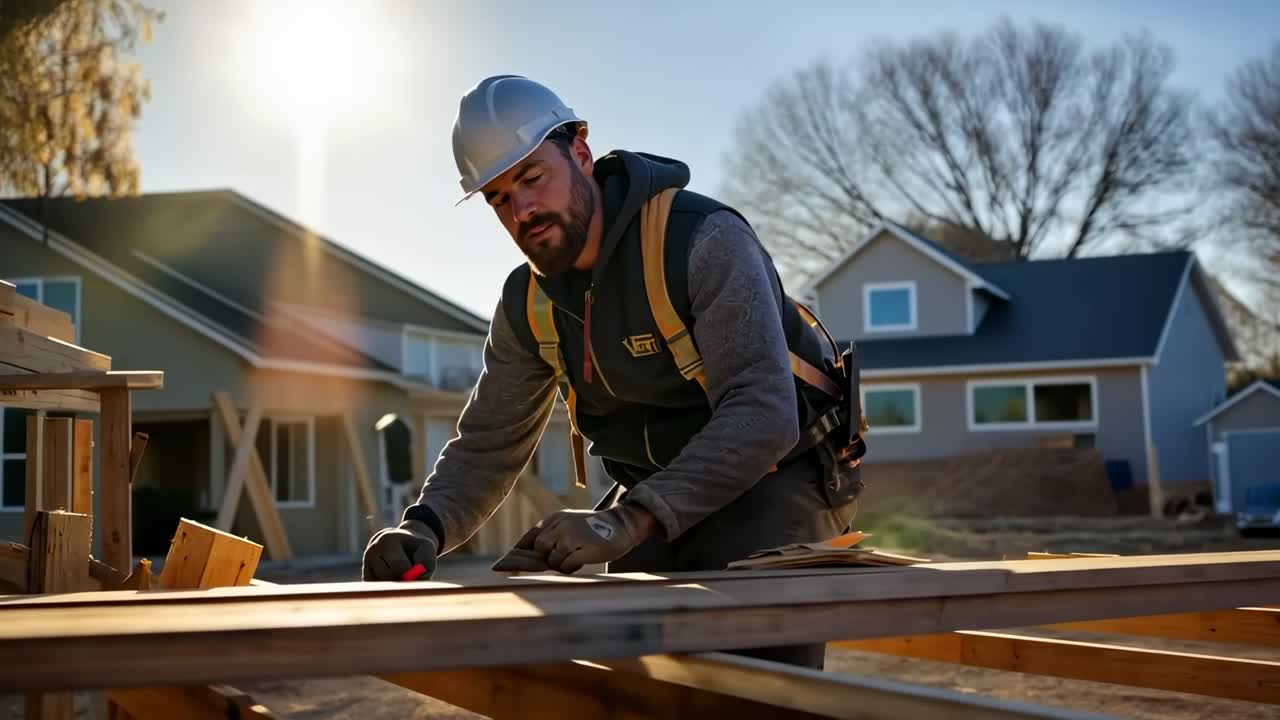 A construction worker measures wood at a building site. Low-angle shot captures the morning sun