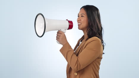 Woman,-megaphone-and-voice-for-announcement