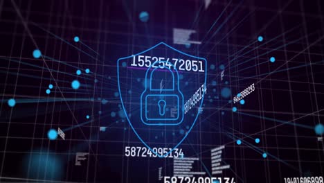 Animation-of-numbers-changing-with-online-security-padlock-over-network-of-connections-on-blue