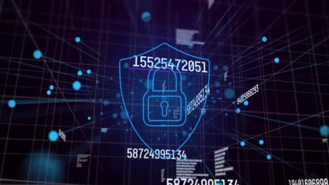 Animation of numbers changing with online security padlock over network of connections on blue