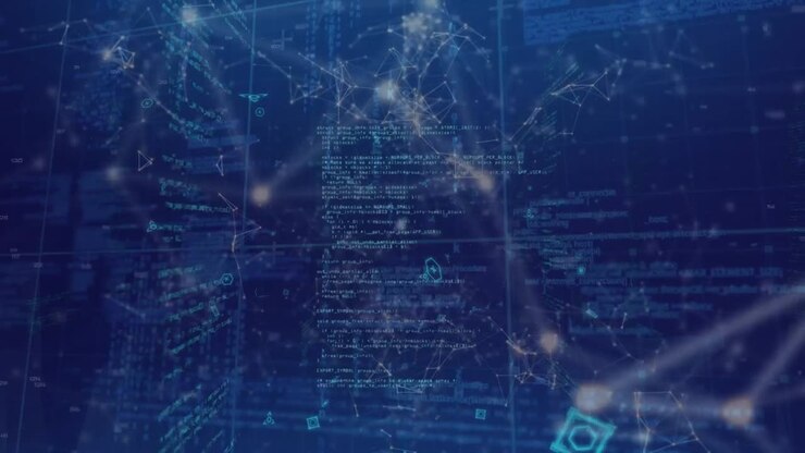 Animation of network of connections, square and data processing in navy space