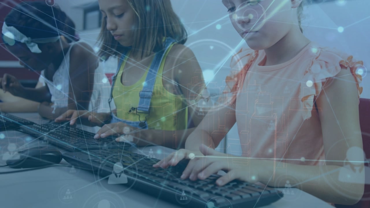 Animation of network of connections over diverse girls using computers at school