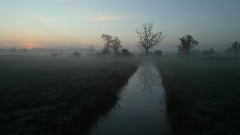 a foggy sunrise over a misty canal reflects bare trees in a tranquil countryside landscape