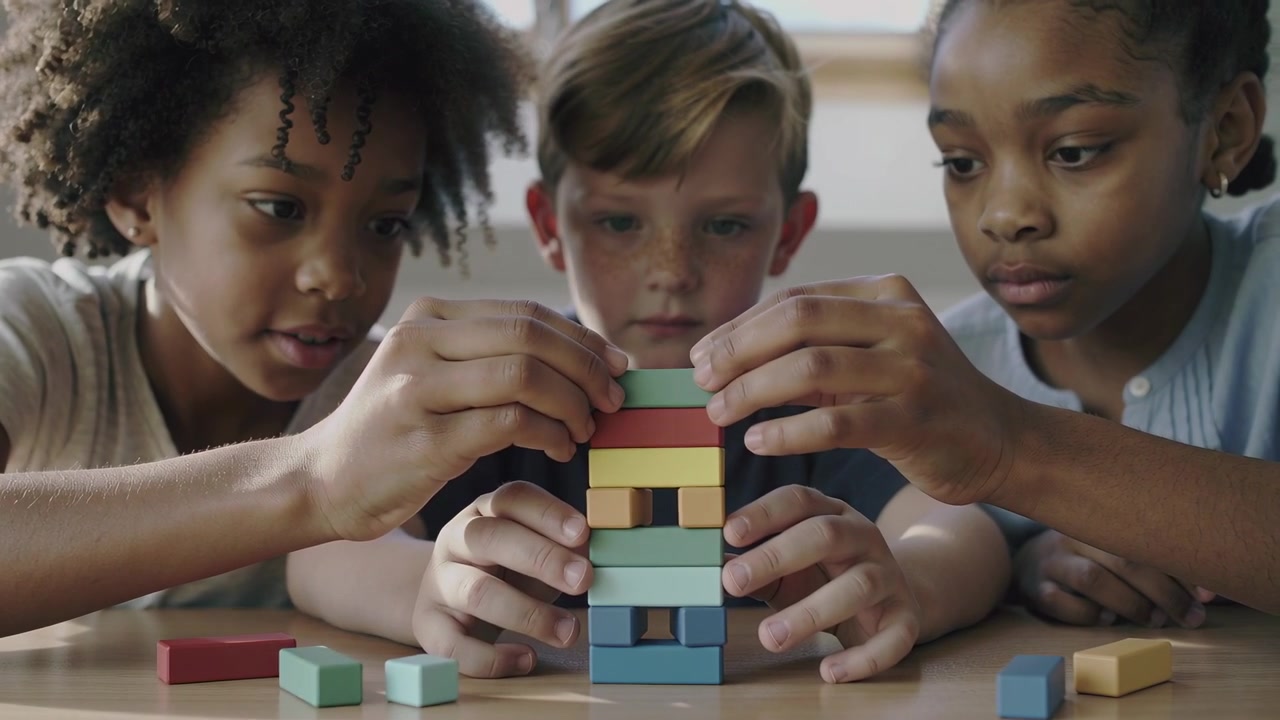Placing three children lowering pale green block onto tower on wood table, prompted by loose blocks