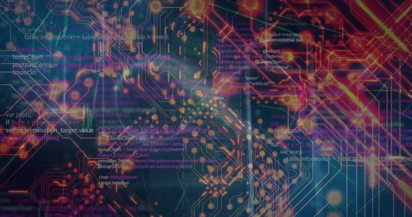 Animation of circuit board texture and loop sign over programming language in background