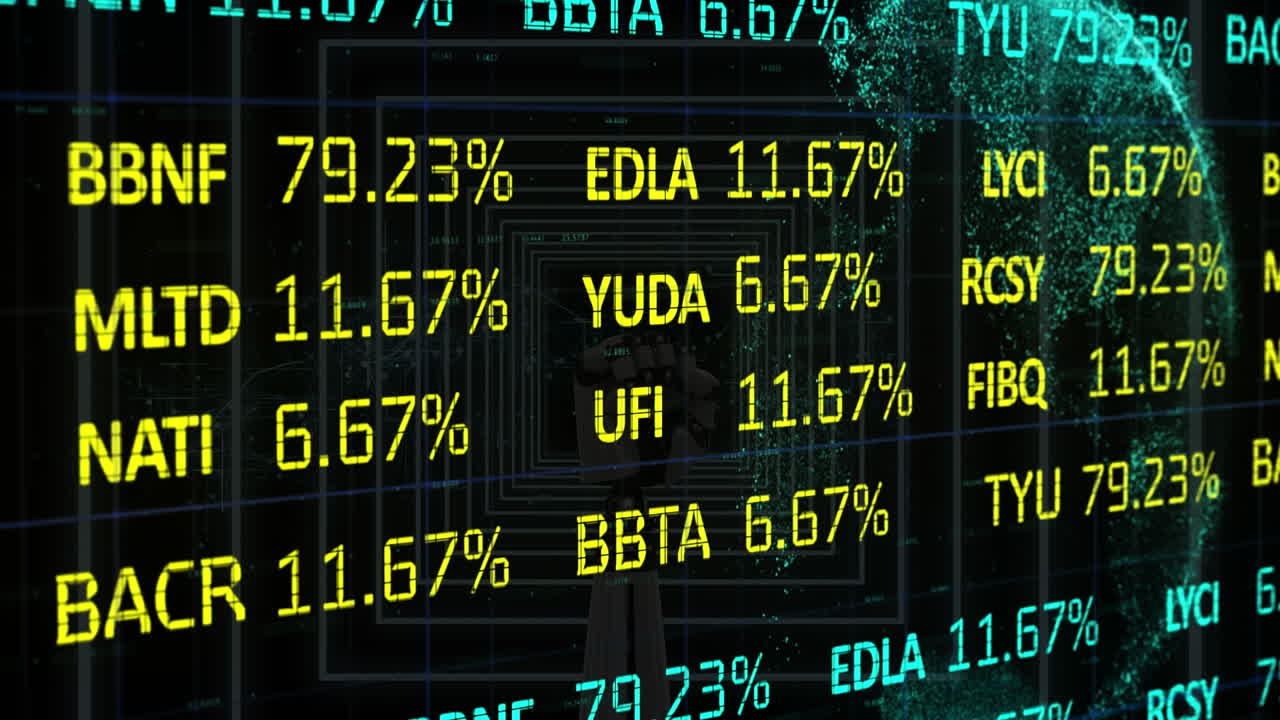 Animation of stock market over robotic hand and globe
