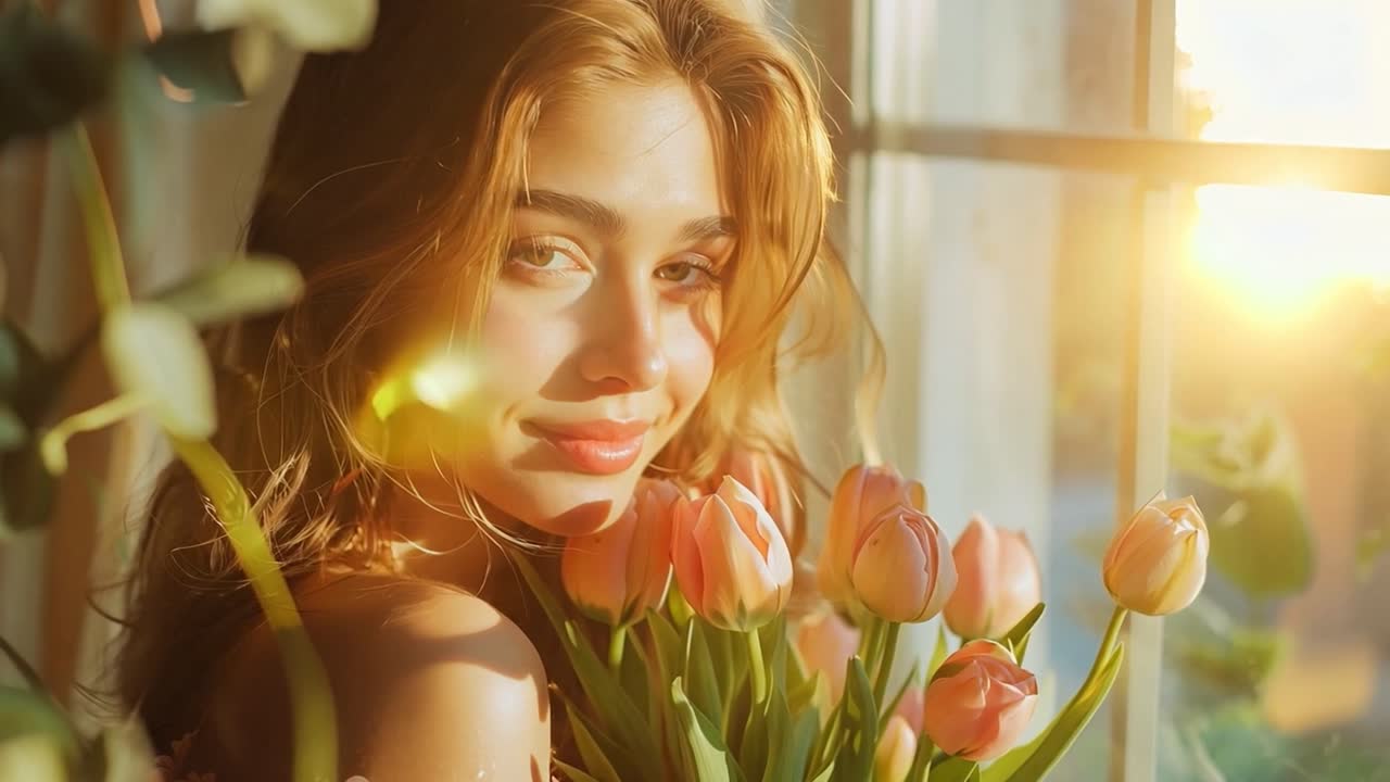 Young woman smiling with a bouquet of pink tulips in warm sunlight