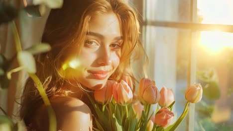 young woman smiling with a bouquet of pink tulips in warm sunlight