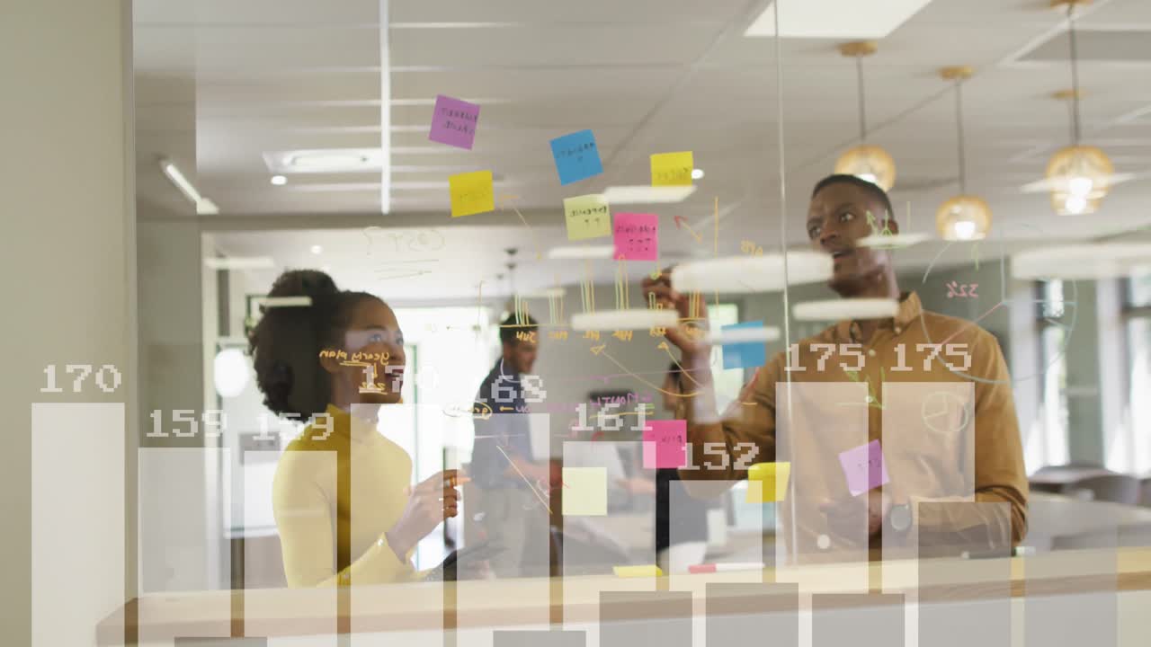 Animation of financial data processing over diverse business people in office