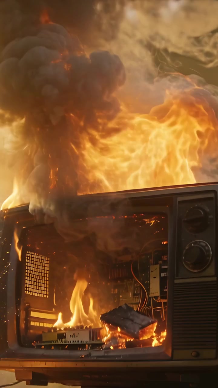 Vertical video: Sparking CRT television catching fire on stand over mossy ground from exposed wire