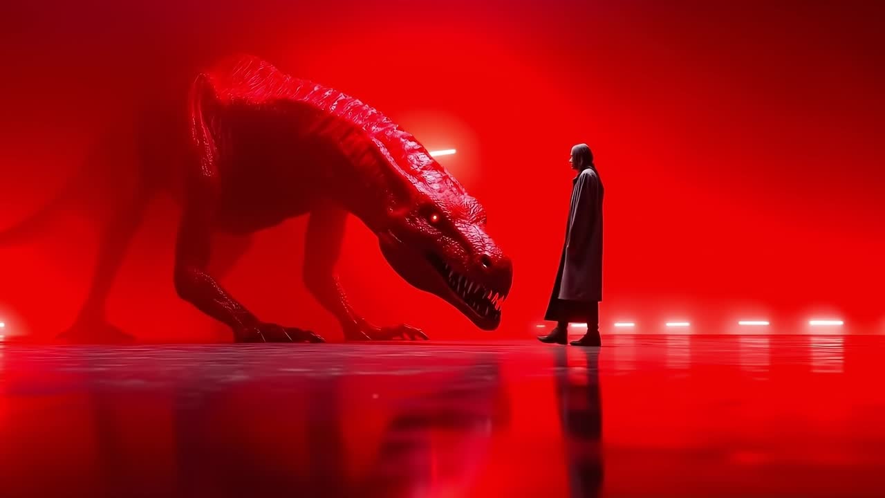 A man standing in front of a red dinosaur in a dark room