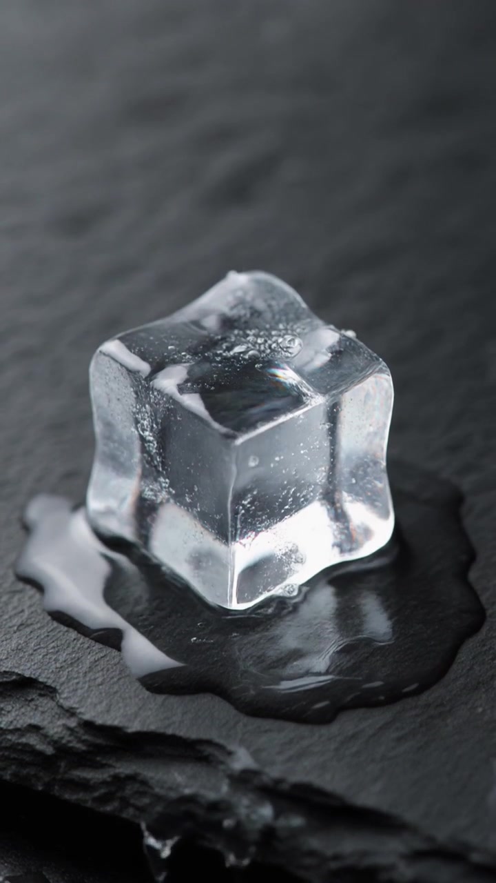 Macro di acqua che scorre su un singolo cubetto di ghiaccio che si scioglie su pietra scura