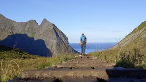 persona con backback caminando por el camino rural a la playa de kvalvika lofoten en la mañana