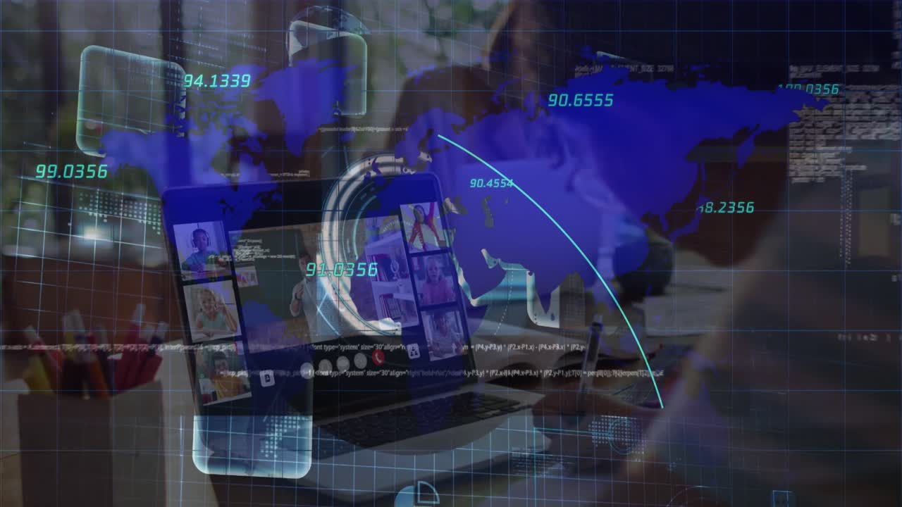 animazione della mappa del mondo e elaborazione dei dati su un ragazzo afroamericano che ha lezioni online sul portatile