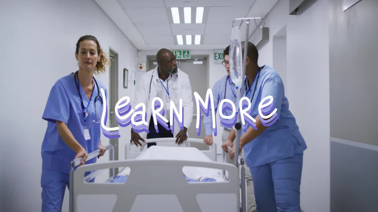 Squadra medica che trasporta un paziente lungo un corridoio, mostrando un'icona animata del cuore e grafici dei segni vitali
